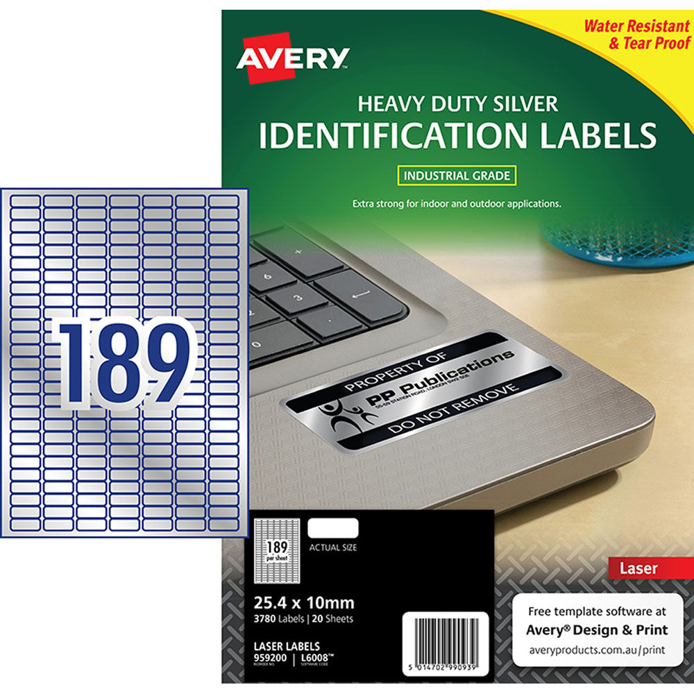 Avery Heavy Duty ID Label L6008 Silver Laser 25.4x10mm 189up 20 Sheets - Cafe Supply