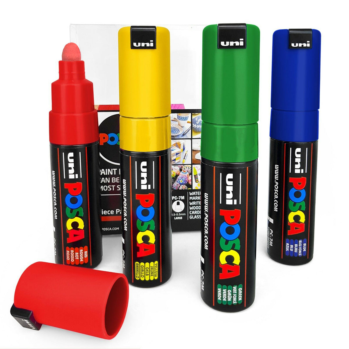 Uni Posca Marker 4.5-5.5mm 4 Pack Green Yellow Red Blue PC-7M - Cafe Supply