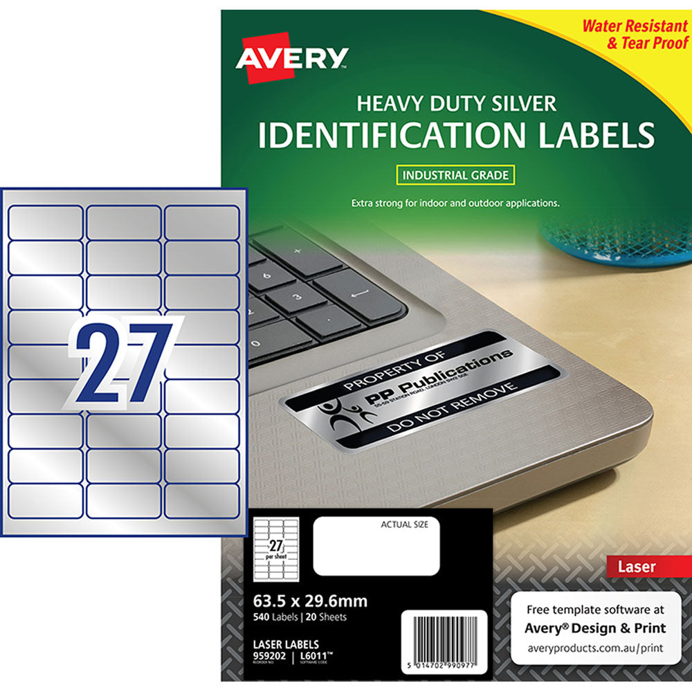 Avery Heavy Duty ID Label L6011 Silver Laser 63.5x29.6mm 27up 20 Sheets - Cafe Supply