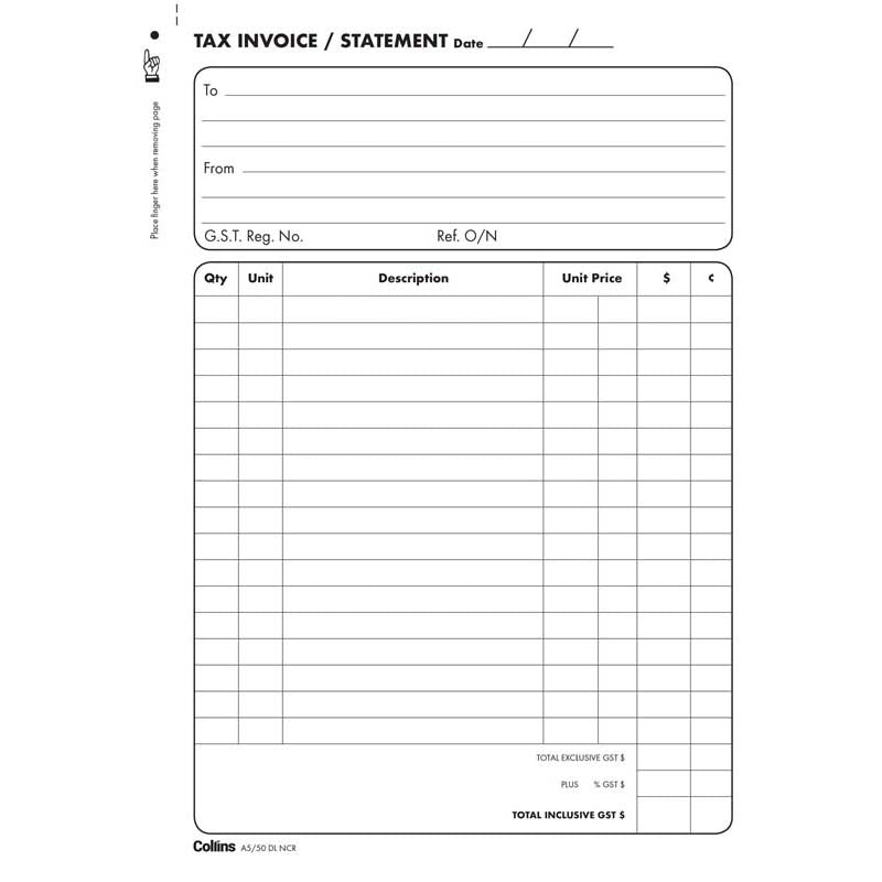 Collins Tax Invoice A5/50DL No Carbon Required left side binding