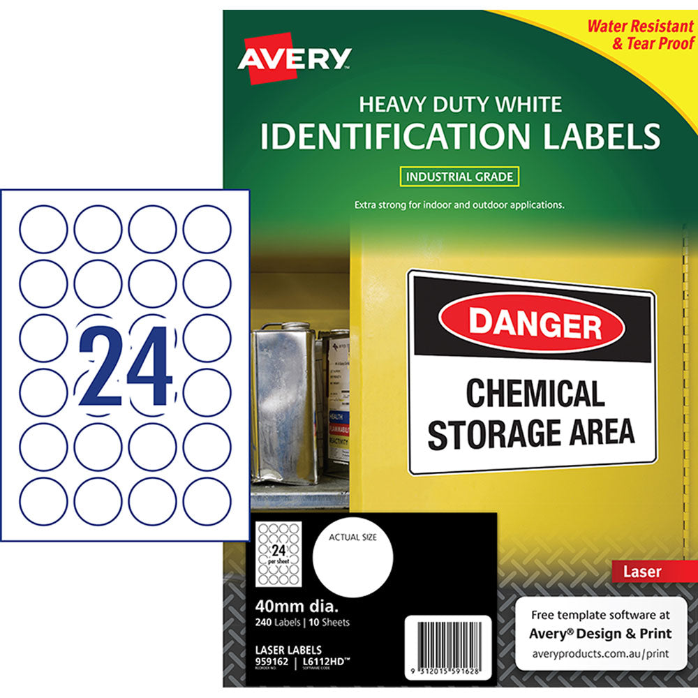 Avery Heavy Duty ID Label L6112 White Laser 40mm 24up 10 Sheets - Cafe Supply