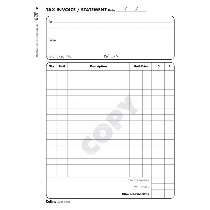 Collins Tax Invoice A5/50TL No Carbon Required - Cafe Supply