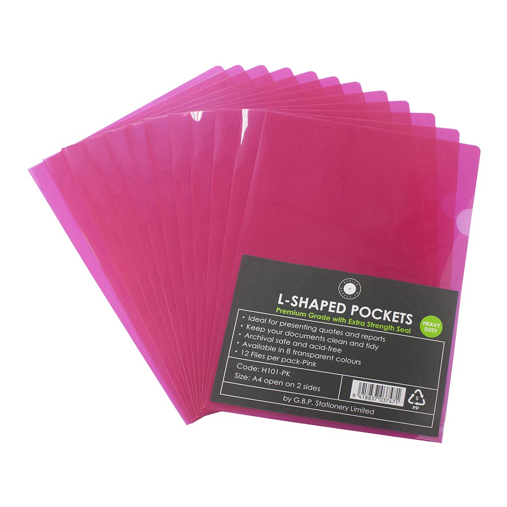 OSC L Shaped Pockets A4 Pink, Pack of 12