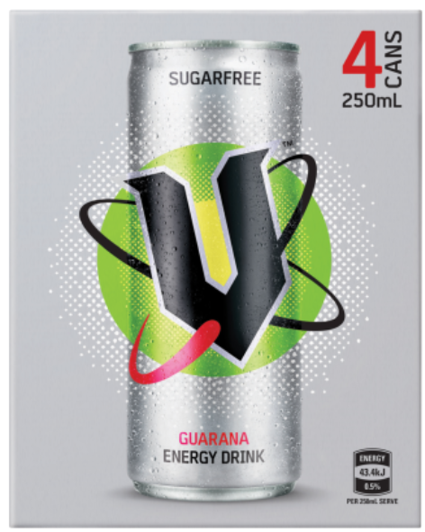 V Sugarfree Guarana Energy Drink 4 x 250ml