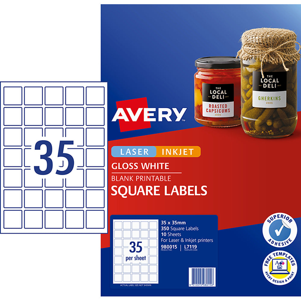 Avery Label L7119 Square White Glossy 35up 10 Sheets 35x35mm - Cafe Supply