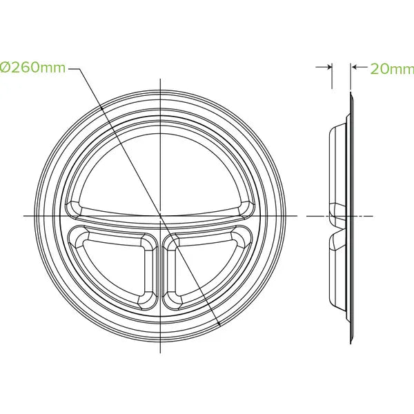 25cm / 10" 3-Compartment Round Plant Fibre Plate