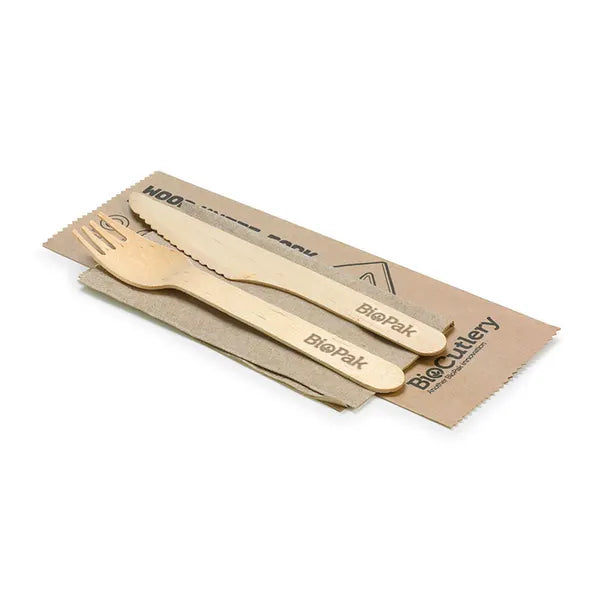 16cm Wood Knife, Fork & Napkin Set