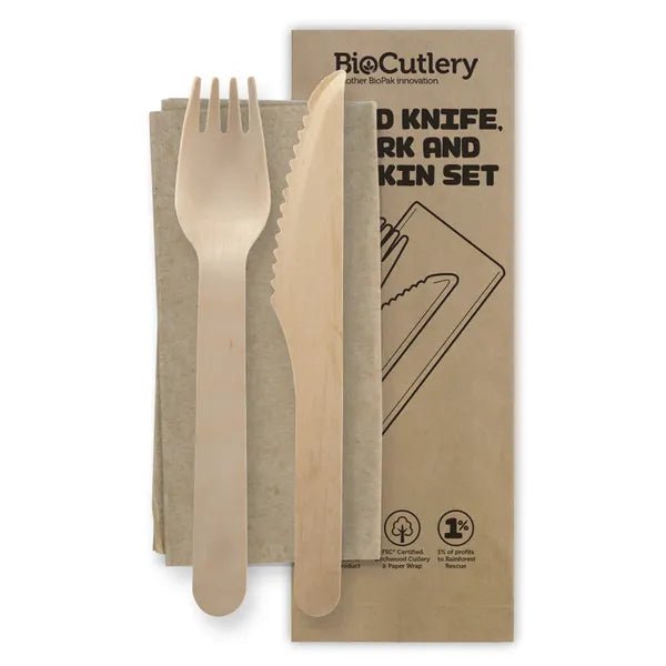 16cm Wood Knife, Fork & Napkin Set