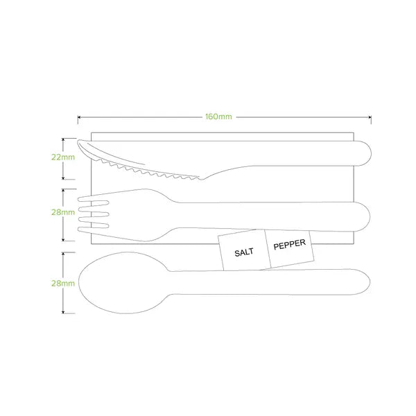 16cm Wood Knife, Fork, Spoon, Napkin, Salt & Pepper set