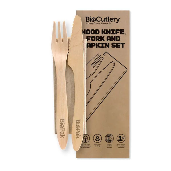 19cm Coated Wood Knife, Fork & Napkin Set