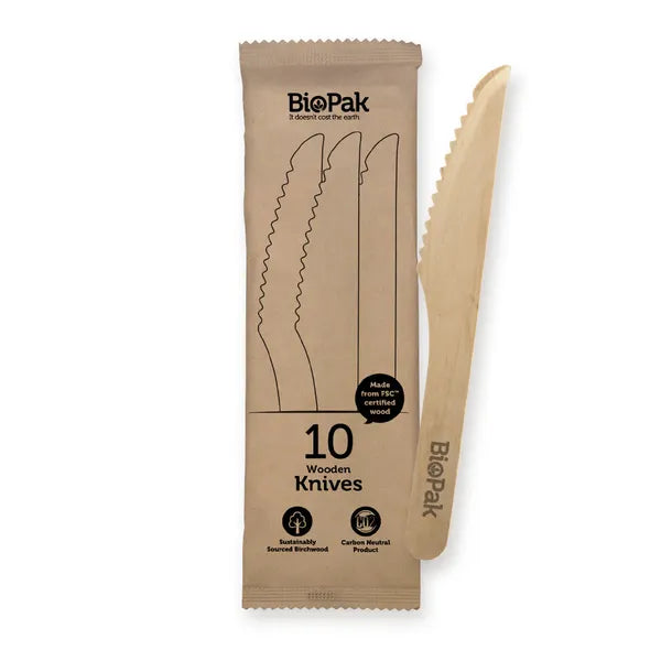 10 Pack - 16cm Wooden Knife In Paper Sleeves