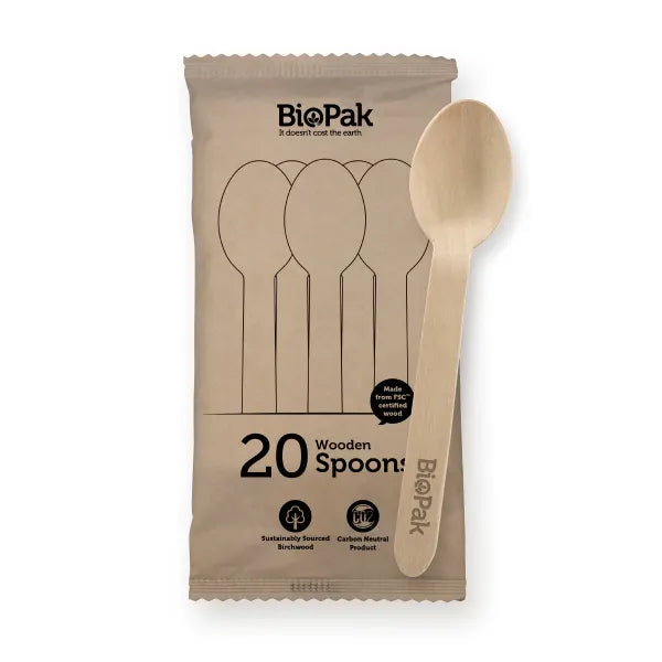 20 Pack - 16cm Wooden Spoon In Paper Sleeves