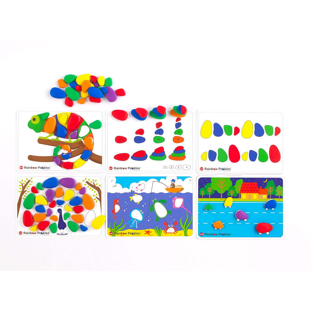 EDX Junior Rainbow Pebbles Activity Set 36 Pcs 8 Activity Cards 3 Shapes 6 Colours