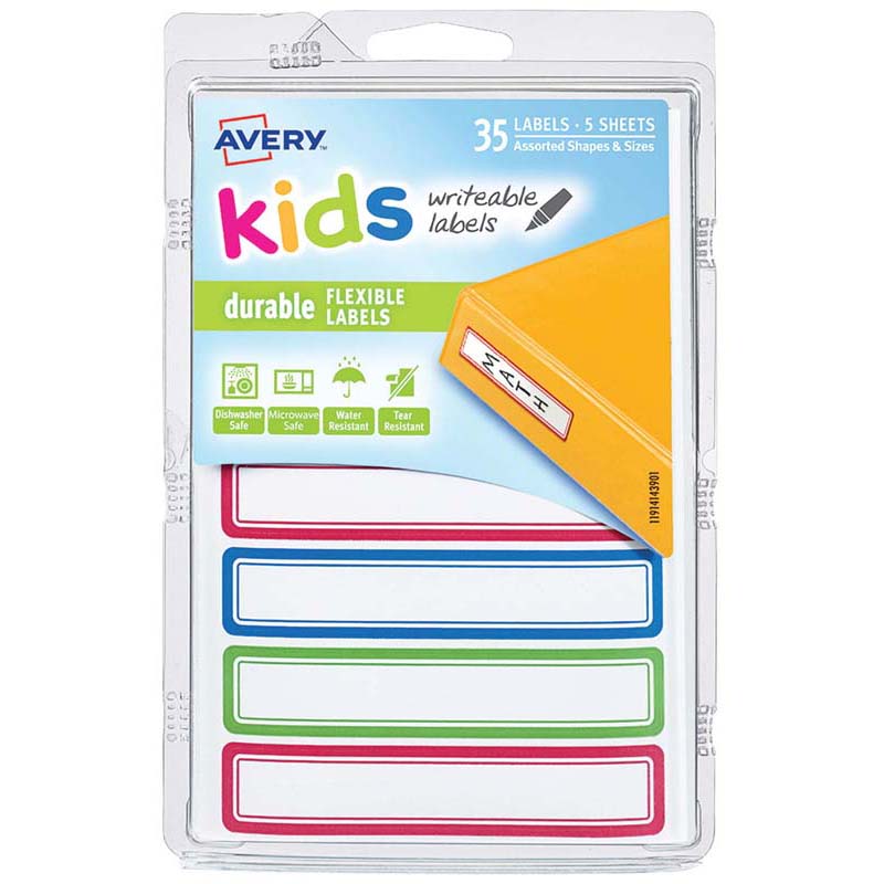 Avery Label Kids Durable Green Blue Red Border 89x16mm 7up 5 Sheets