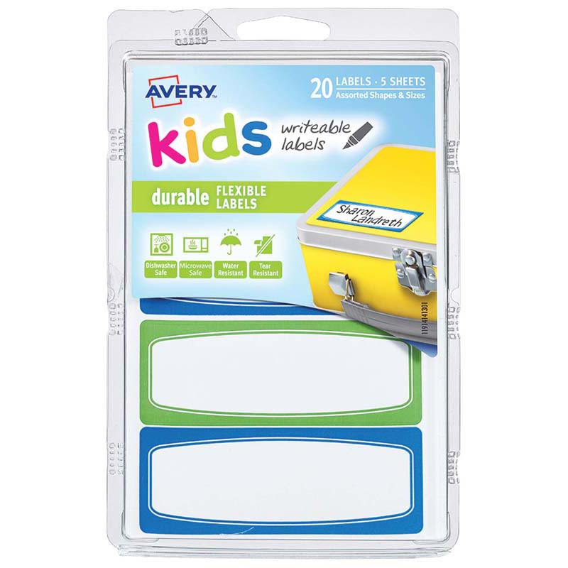 Avery Label Kids Durable Green Blue Border 89x32mm 4up 5 Sheets