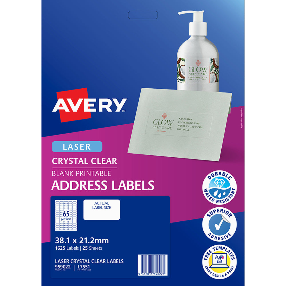 Avery Label L7551-25 Clear 65up 25 Sheets 38x21mm - Cafe Supply