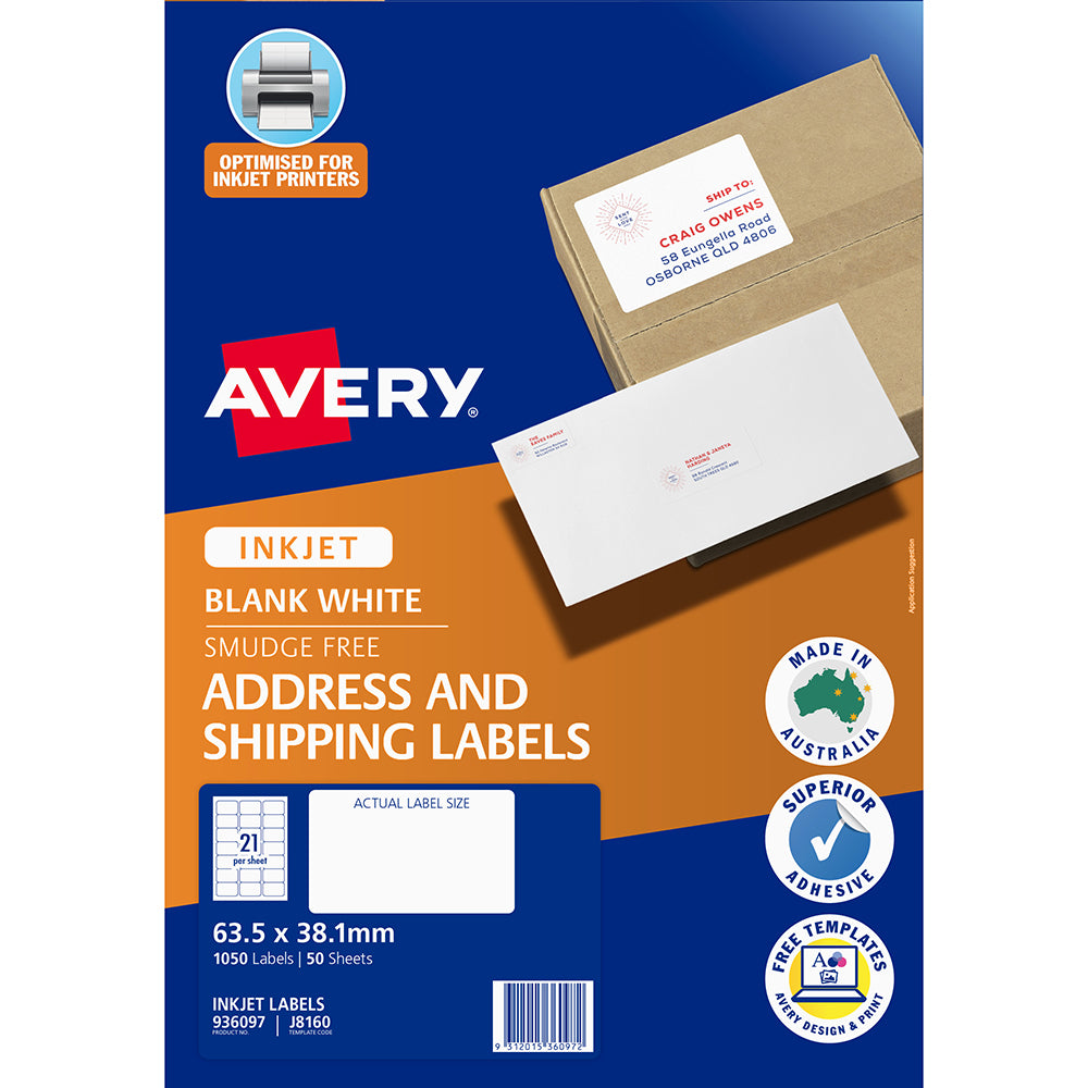 Avery Label J8160-50 Inkjet 21up 50 Sheets 63x38mm - Cafe Supply