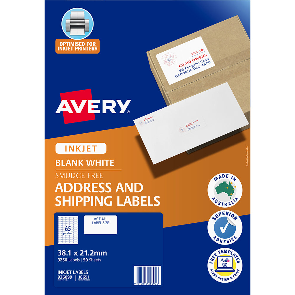 Avery Label J8651-50 Inkjet 65up 50 Sheets 38x21mm - Cafe Supply