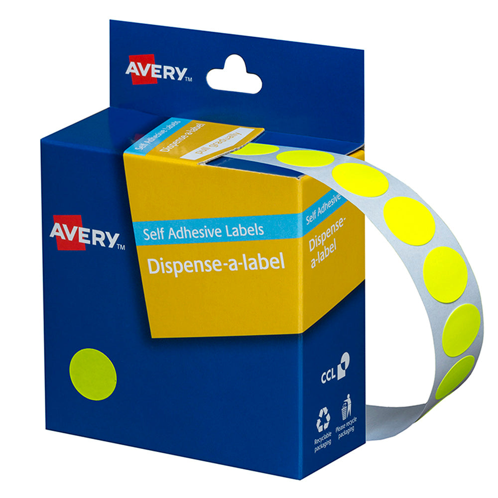 Avery Label Dispenser DMC14FY Yellow Fluoro Round 14mm 700 Pack - Cafe Supply