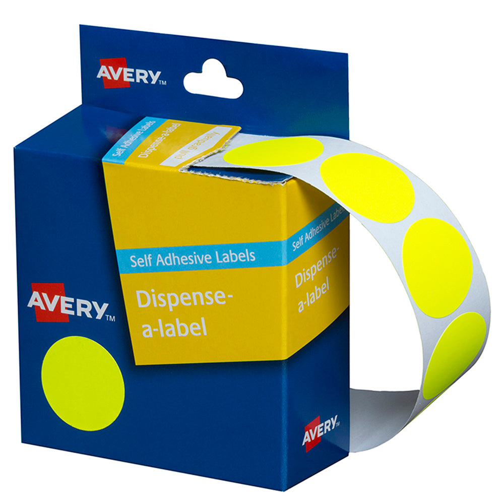 Avery Label Dispenser DMC24FY Yellow Fluoro Round 24mm 350 Pack - Cafe Supply