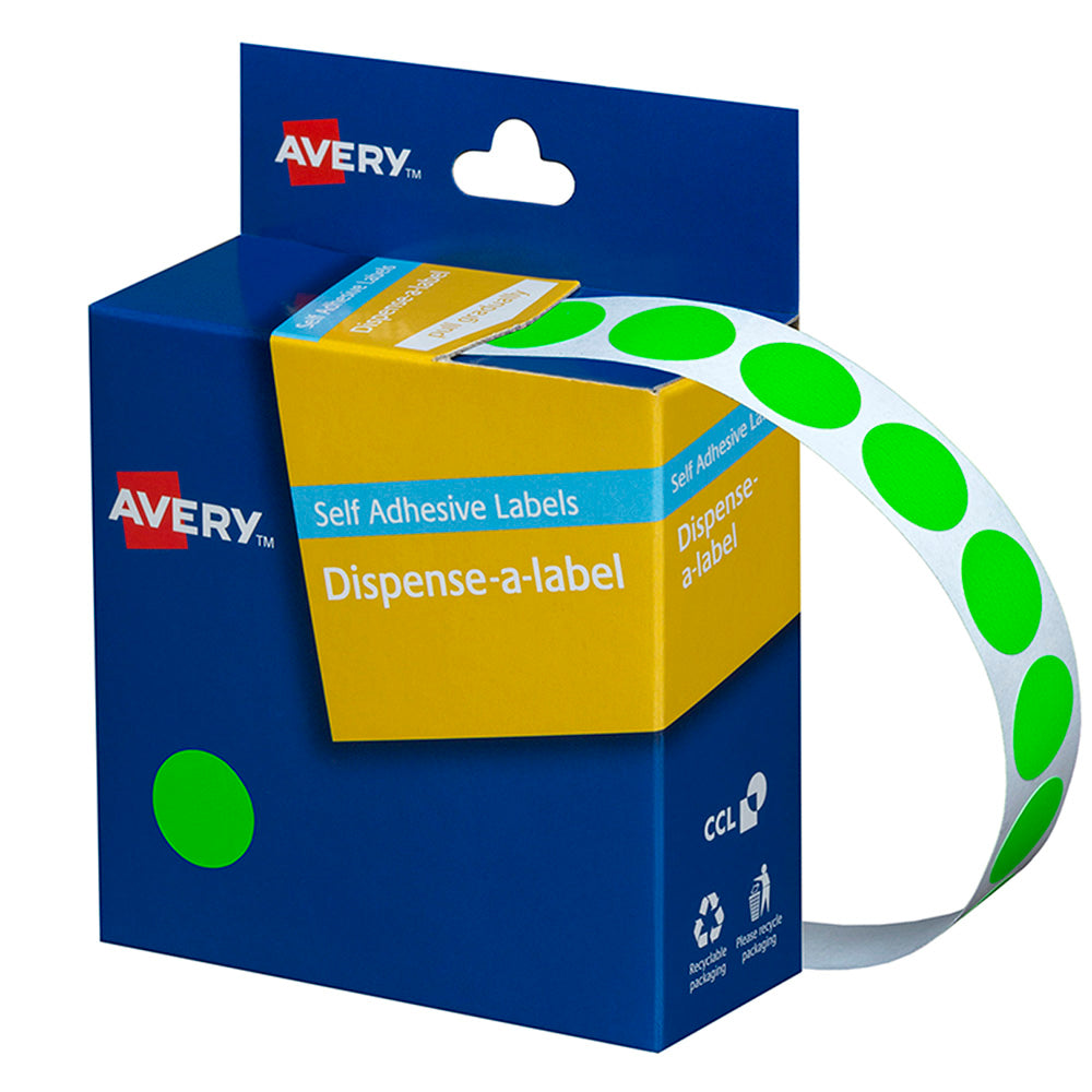 Avery Label Dispenser DMC14FG Green Fluoro Round 14mm 700 Pack - Cafe Supply