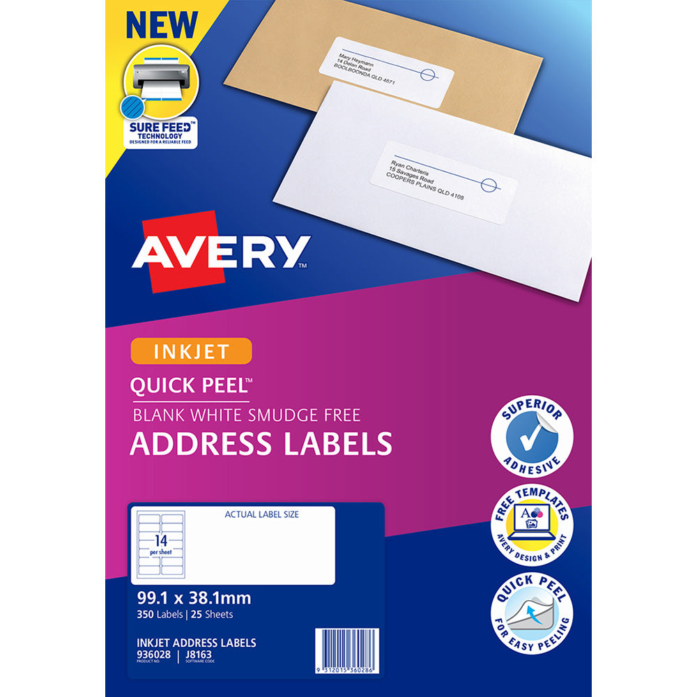 Avery Label J8163-25 Inkjet 14up 25 Sheets 99x38mm - Cafe Supply