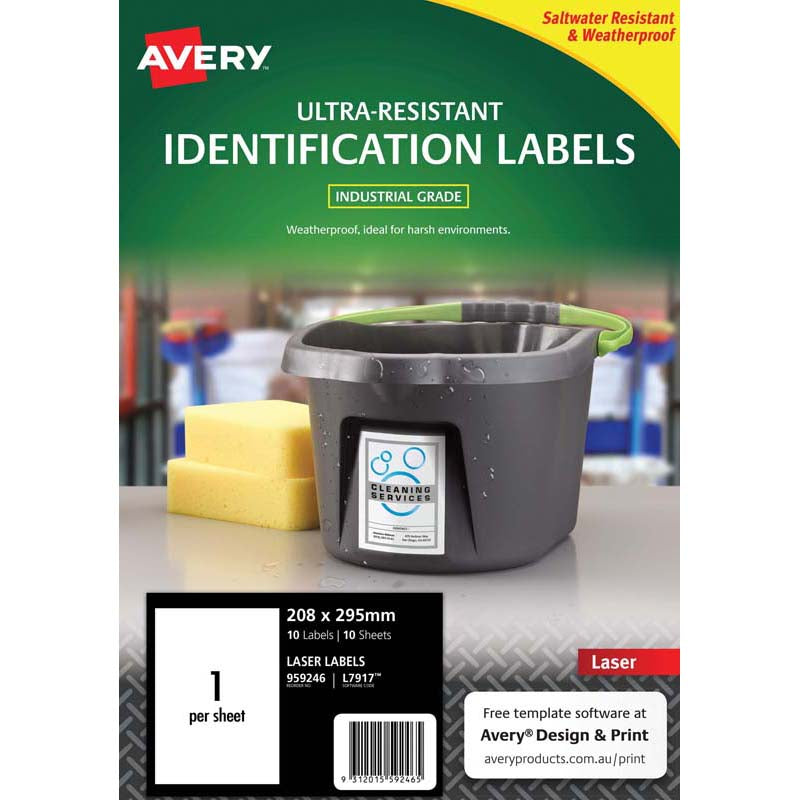 Avery Ultra Resistant ID Label L7917 White Laser 208x295mm 1up 10 Sheets - Cafe Supply