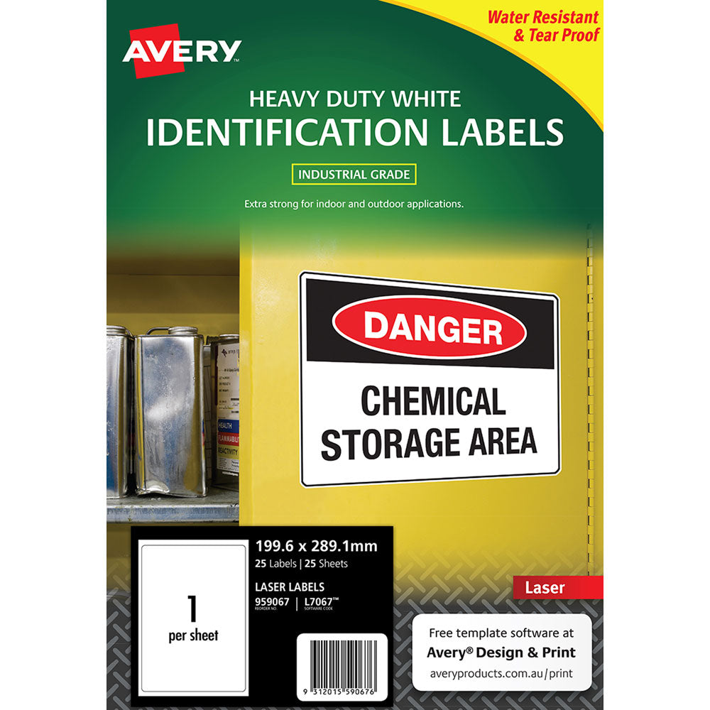 Avery Heavy Duty ID Label L7067 White Laser 199.6x289.1mm 1up 25 Sheets - Cafe Supply