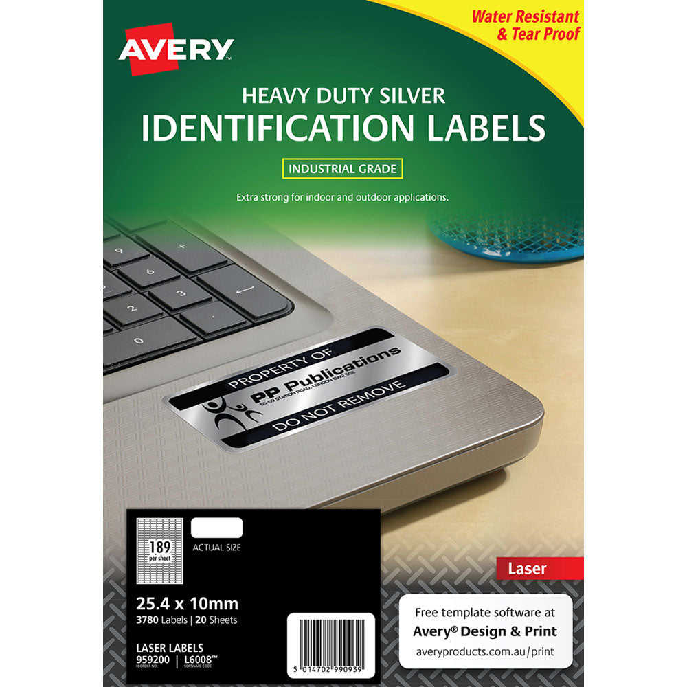 Avery Heavy Duty ID Label L6008 Silver Laser 25.4x10mm 189up 20 Sheets - Cafe Supply