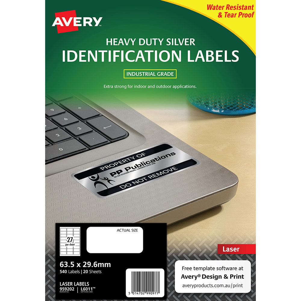 Avery Heavy Duty ID Label L6011 Silver Laser 63.5x29.6mm 27up 20 Sheets - Cafe Supply