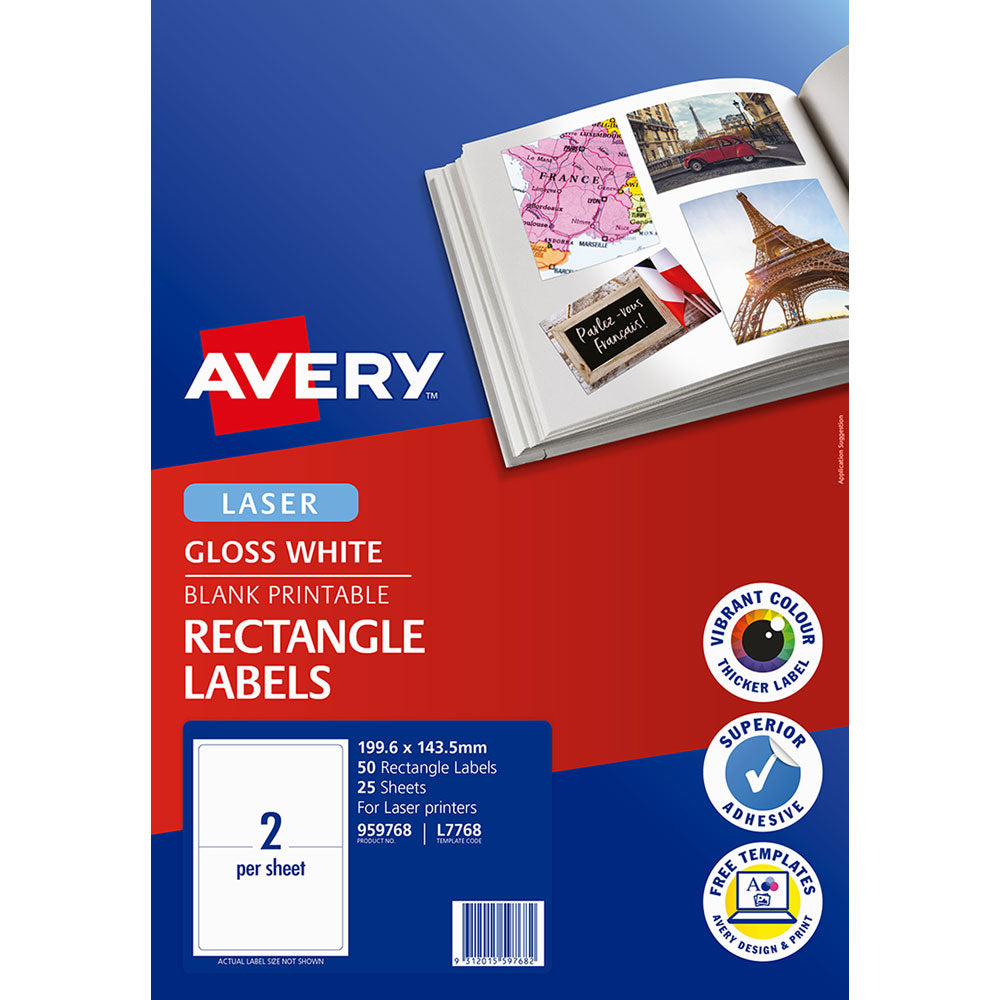 Avery Multi-Purpose Labels L7768-25 200x144mm Laser 2up 25 Sheets - Cafe Supply