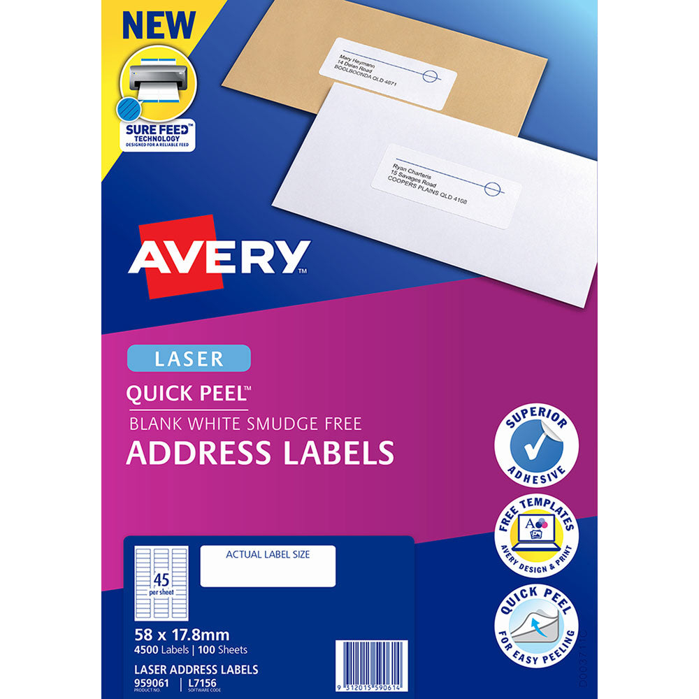 Avery Label L7156-100 58x17.8mm 45up 100 Sheets - Cafe Supply