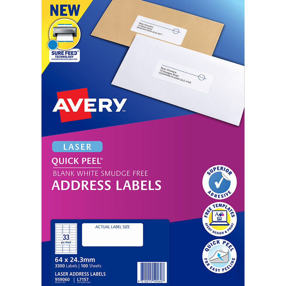 Avery Label L7157-100 64x24.3mm 33up 100 Sheets - Cafe Supply