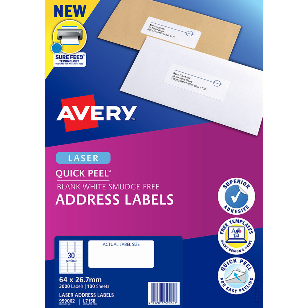 Avery Label L7158-100 64x26.7mm 30up 100 Sheets - Cafe Supply