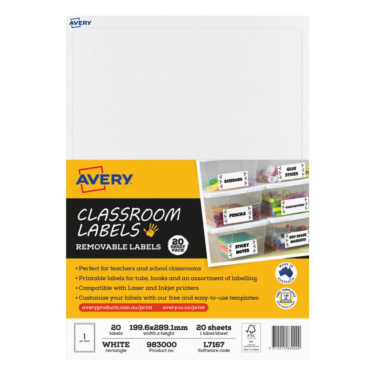 Avery Classroom Labels 1up 20 Sheets L7167 - Cafe Supply