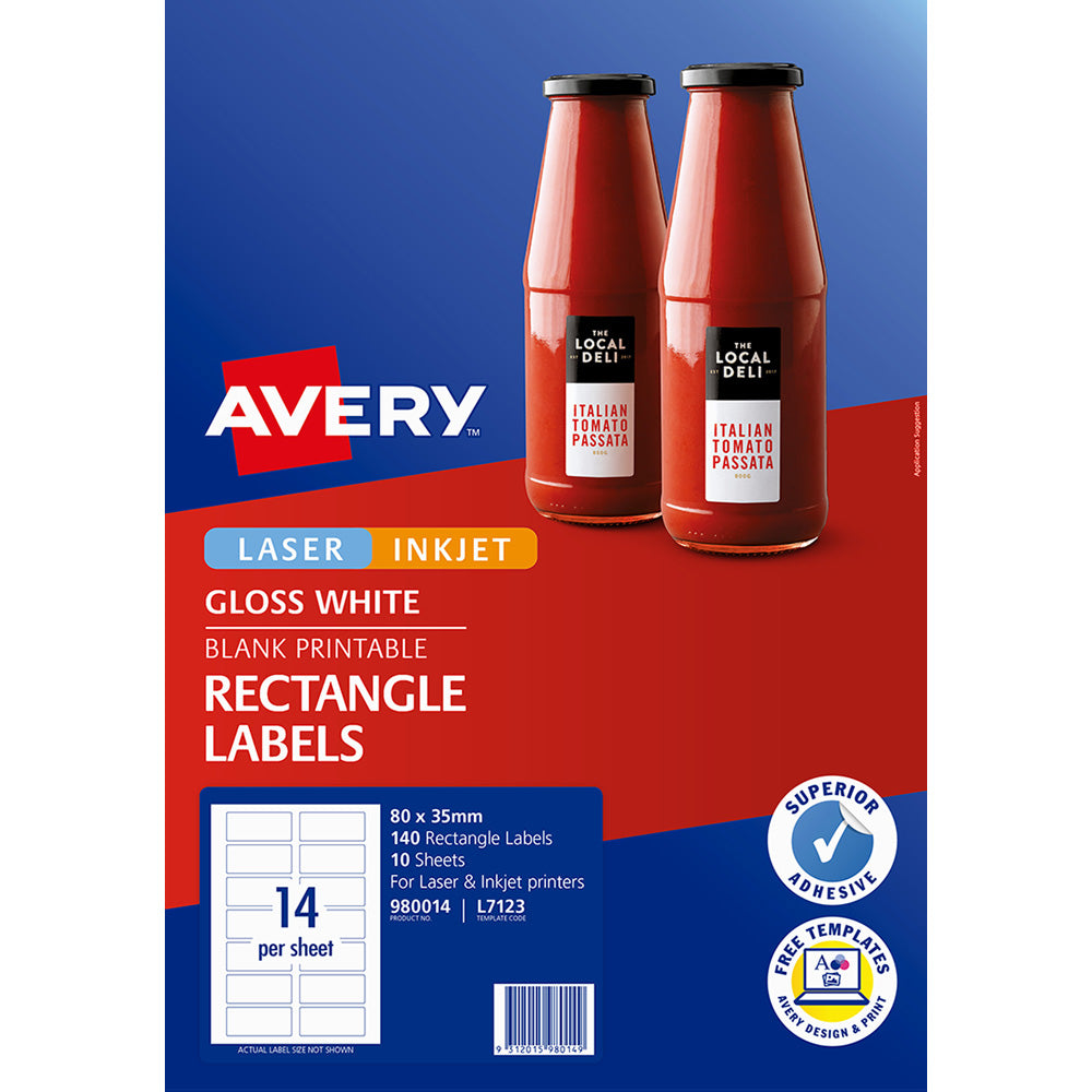 Avery Label L7123 Rectangular Glossy Label 14up 10 Sheets 80x35mm - Cafe Supply