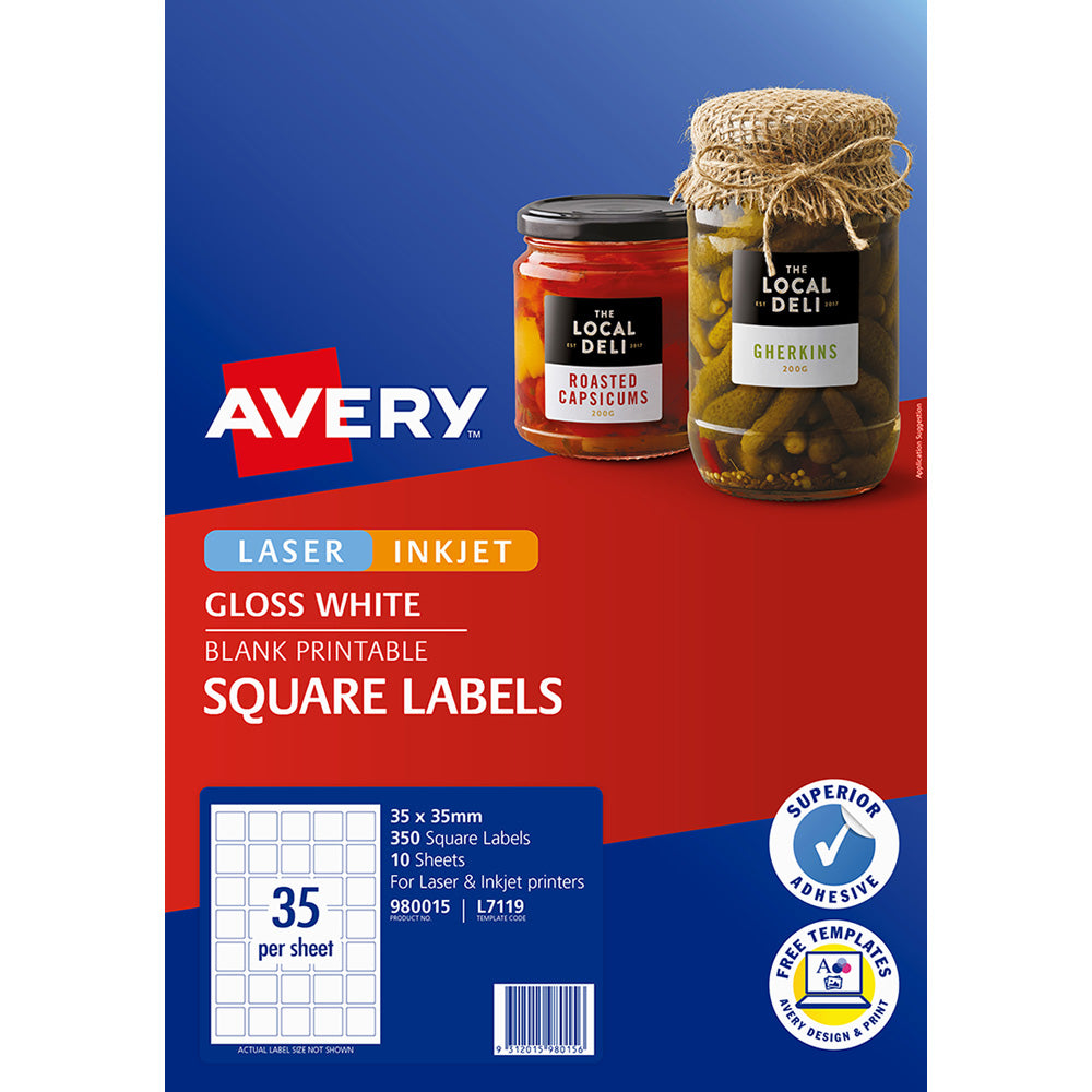 Avery Label L7119 Square White Glossy 35up 10 Sheets 35x35mm - Cafe Supply