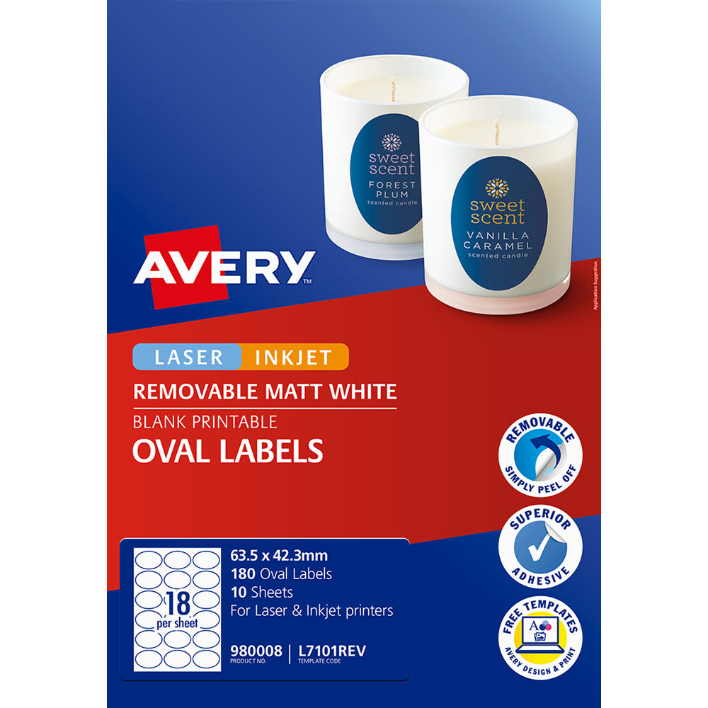 Avery Label L7101REV Oval White 18up 10 Sheets 63x42mm - Cafe Supply