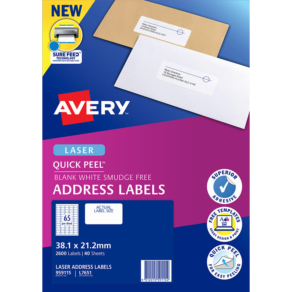 Avery Quick Peel Address Labels L7651 White 38.1x21.2mm 65up 40 Sheets - Cafe Supply