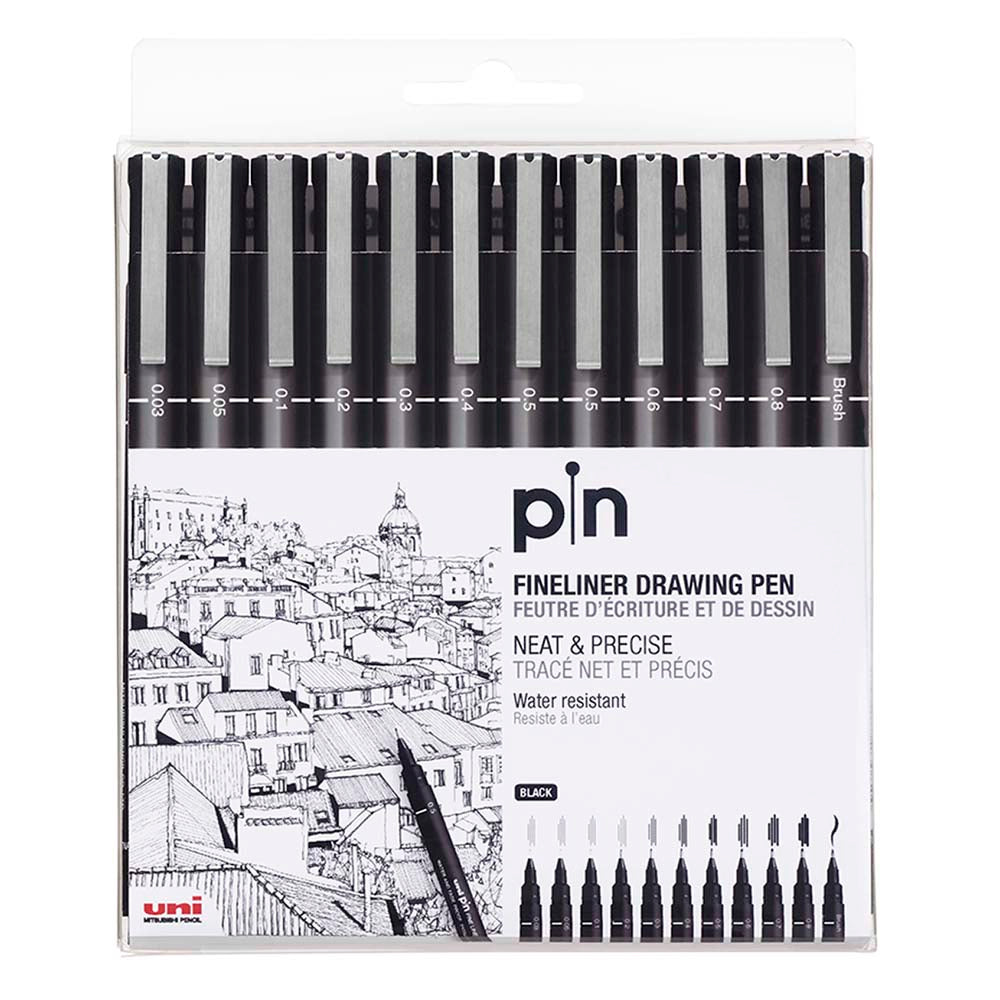 Uni Pin Fineline Permanent Drawing Set 12 Piece - Cafe Supply