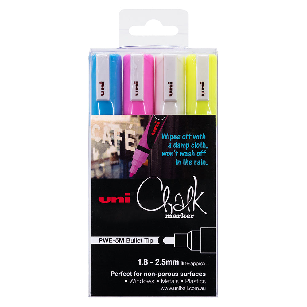 Uni Chalk Marker 1.8-2.5mm Bullet Tip 4 Piece Asstd PWE-5M - Cafe Supply