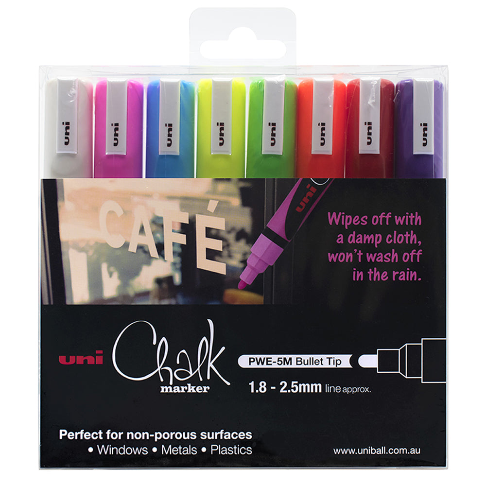 Uni Chalk Marker 1.8-2.5mm Bullet Tip 8 Piece Asstd PWE-5M - Cafe Supply