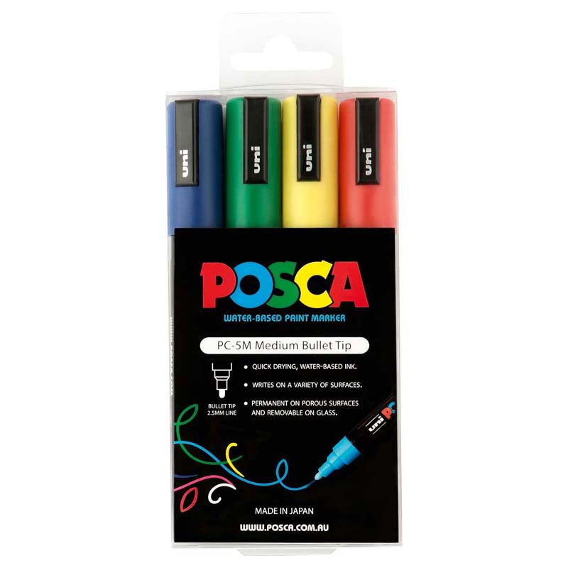 Uni Posca Marker 1.8-2.5mm 4 Pack Green Yellow Red Blue PC-5M - Cafe Supply