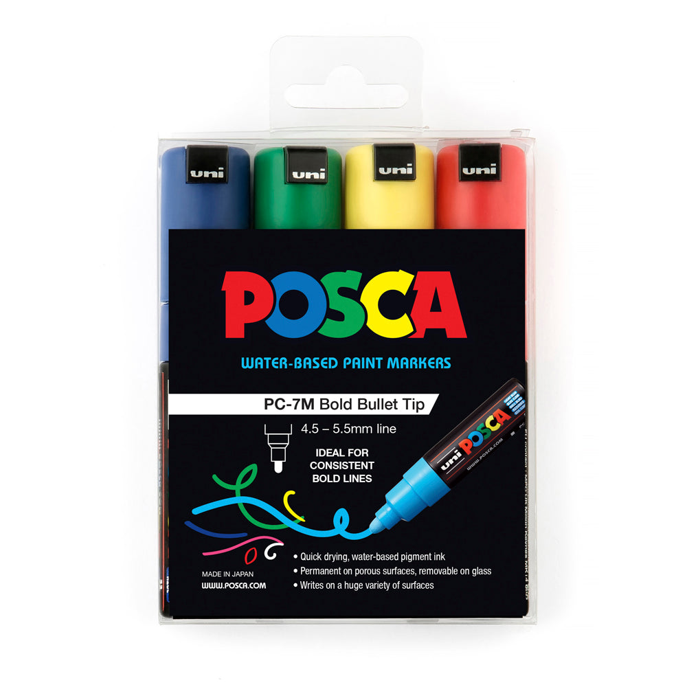 Uni Posca Marker 4.5-5.5mm 4 Pack Green Yellow Red Blue PC-7M - Cafe Supply