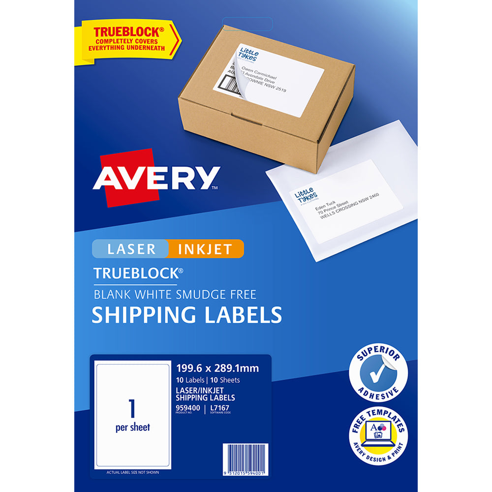 Avery Label L7167 Internet Shipping Label 199.6x289.1mm 1up 10 Sheets - Cafe Supply