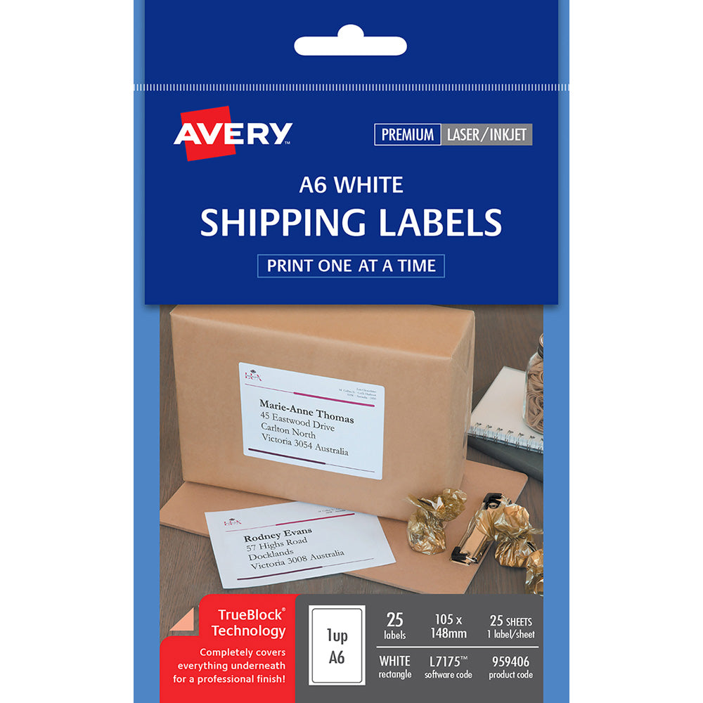 Avery Label L7175 Shipping A6 105x148mm 1up 25 Sheets - Cafe Supply