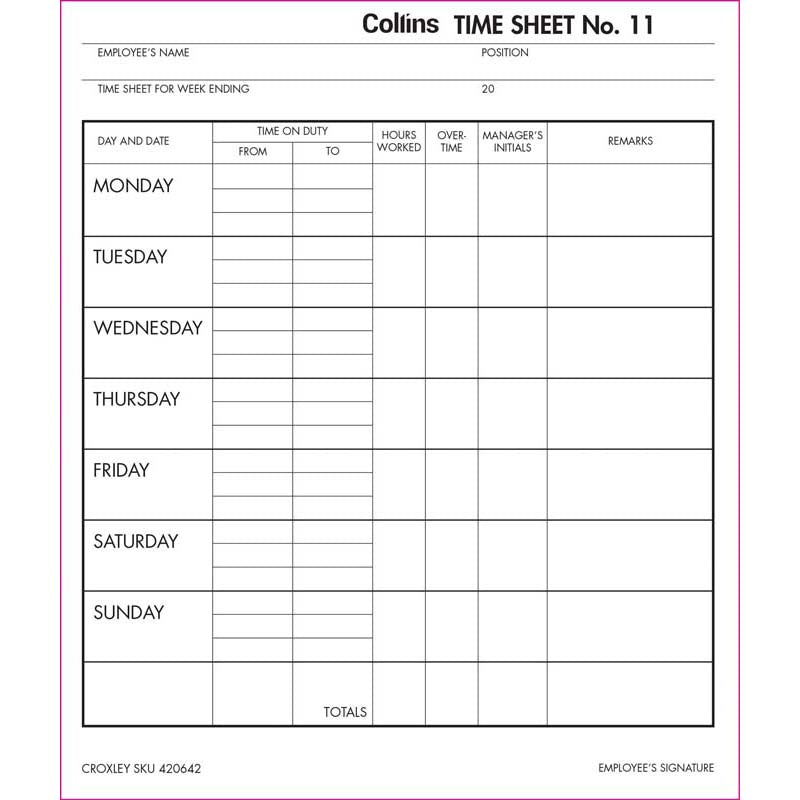 Collins Wage Time Sheets No.11 187x220mm 100 Leaf - Cafe Supply