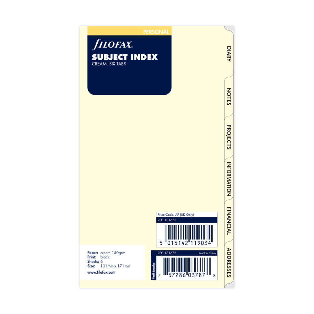 Filofax Personal Subject Index 6 Tab Refill - Cafe Supply