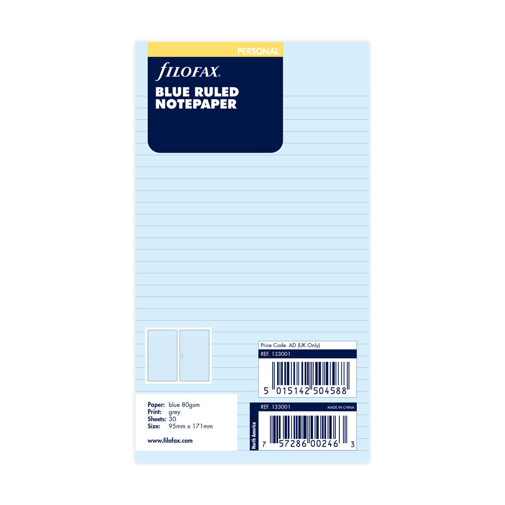 Filofax Personal Blue Lined Notepaper Refill - Cafe Supply