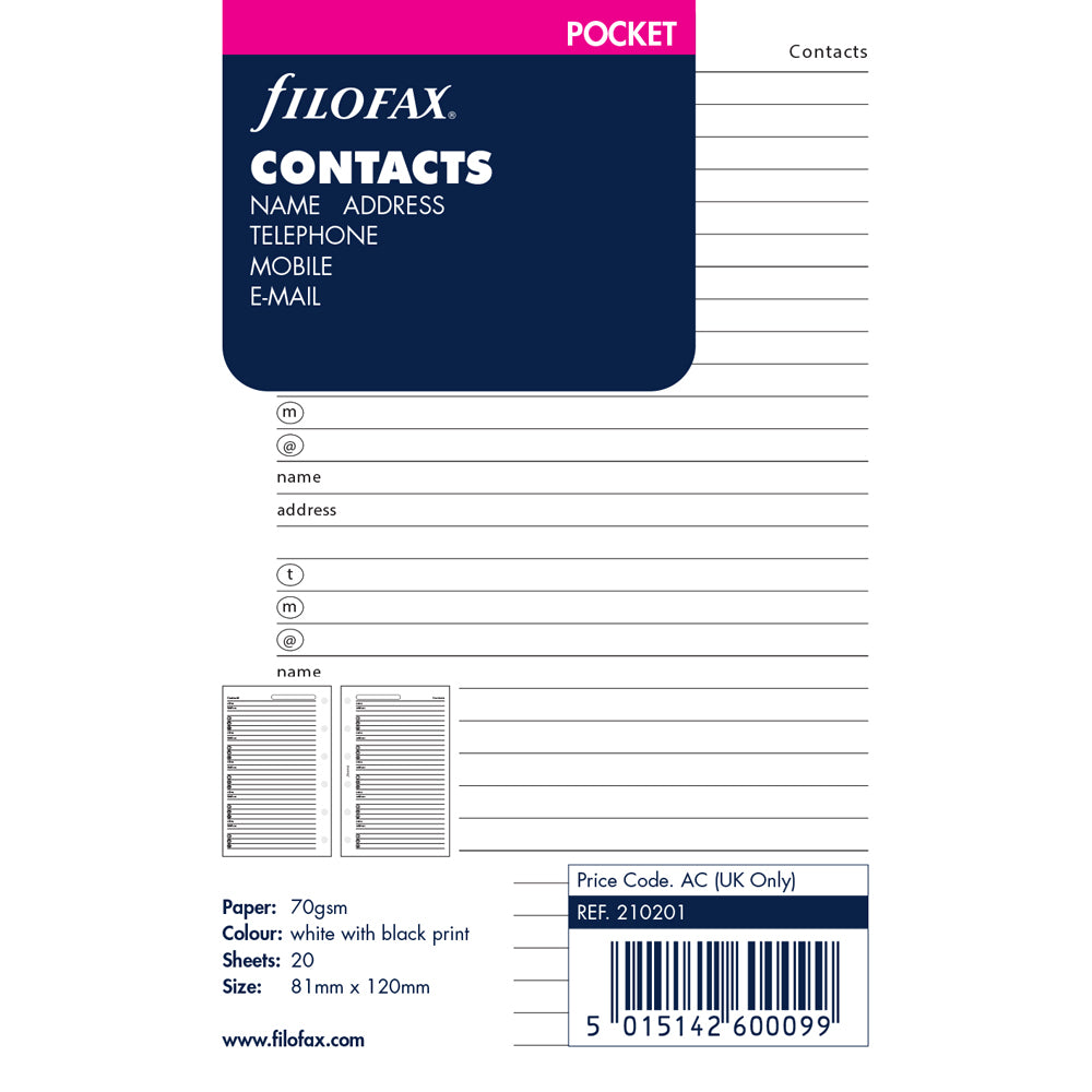 Filofax Pocket Name/Address/Phone Refill - Cafe Supply